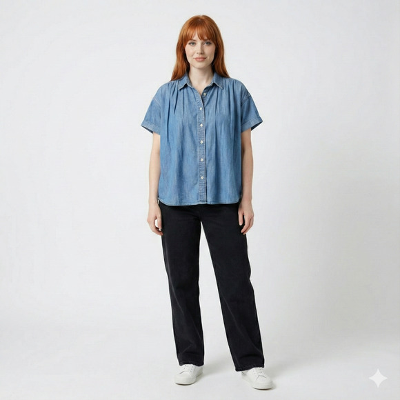 New Old Navy Denim Shirt Size XL Cap Sleeve Button Front Blue Jean Chambray Box - Picture 2 of 5